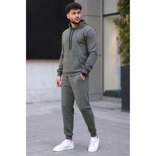 Erkek İki İplik Kapüşonlu Kanguru Cepli Sweatshirt Jogger Pantolon Alt Üst Eşofman Takımı - Haki