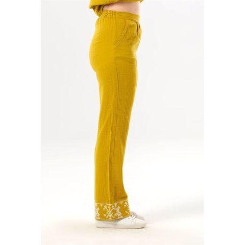 Nirvana Beli Lastikli Müslin Yandan Çift Cepli Nakışlı Pantolon Yağ Yeşili Ygysl