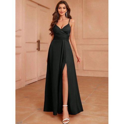 Kadın Ip Askılı Kruvaze Yakalı Yırtmaçlı Uzun Ithal Krep Elbise