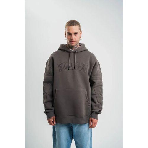 Erkek Nakış İşlemeli Kapşonlu Antrasit Sweatshirt Üç İplik Double Oversize- Füme