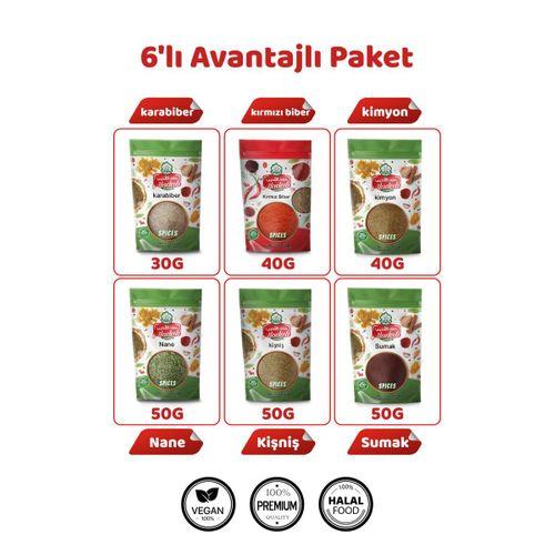 6’lı Avantajlı Gurme Baharat Seti Karabiber30, Pul Biber40, Kimyon40, Nane50, Kişniş50, Sumak50 gr