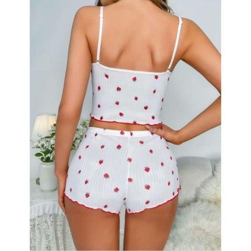 Beyaz Çilek Desenli Askılı Şortlu Pijama Takımı