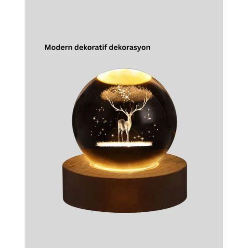 Usb Bağlantılı Geyik Temalı Kristal Küre Premium Masa Gece Lambası