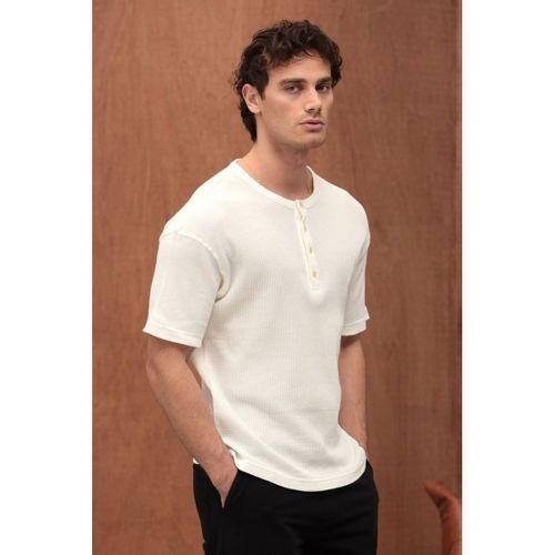 Roth Relaxed Fit Günlük Henley Yaka Waffle Kumaş Yazlık Kısa Kollu T-Shirt - Ekru