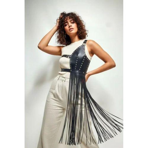 Siyah Etek Deri Zımbalı Asimetrik Püsküllü - Brf1014