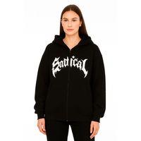 Oversize Kapüşonlu Sweatshirt  Hoodie 3 İplik Şardonlu Pamuklu Kumaş, Önü Baskılı, Fermuarlı Rahat Kalıp, Kışlık Ve Sokak Stili Sweat - Siyah