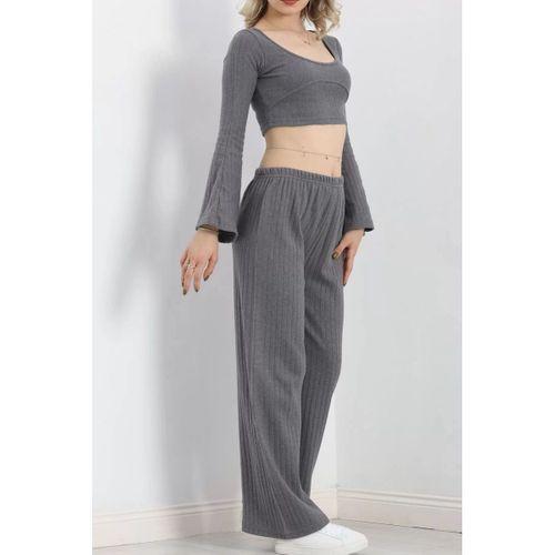 pilelistore İnterlok Crop İkili Takım Füme