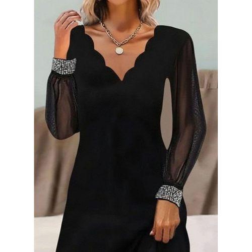 Kadın Uzun Kollu V Yaka Lazer Kesimli Tül Detaylı Mini Ithal Krep Elbise