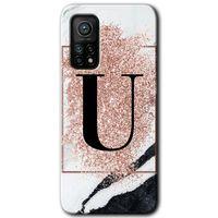 Xiaomi Mi 10T Kılıf Baskılı Arka Kapak - Pembe Mermer Desenli U Harfi +Tam Ekran Koruyucu