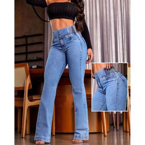 Kadın Yüksek Bel Yanları Lastik önü Düğmeli Kot Pantolon