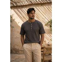 Roth Relaxed Fit Günlük Henley Yaka Waffle Kumaş Yazlık Kısa Kollu T-Shirt - Füme