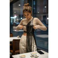 Siyah Etek Deri Zımbalı Asimetrik Püsküllü - Brf1014