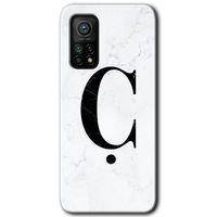 MRCİLETİSİM Xiaomi Mi 10T Kılıf HD Desen Baskılı Arka Kapak + Temperli Cam - Beyaz Mermer Desenli Ç Harfi