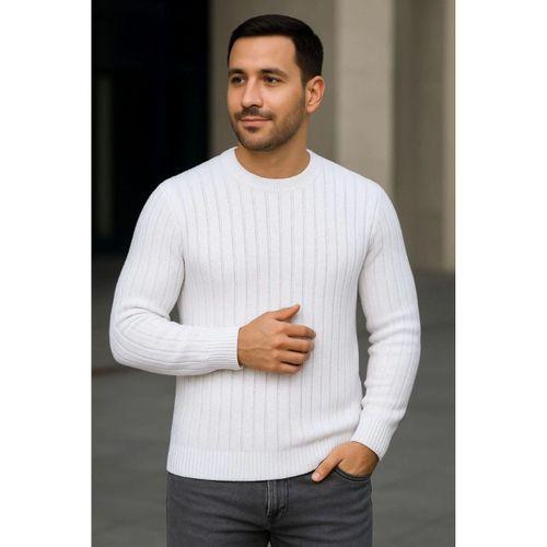 Erkek Bisiklet Yuvarlak Yaka Triko Kazak Pamuklu Kalın Fitilli Dokuma, Regular Fit Uzun Kollu Kışlık Model - Beyaz