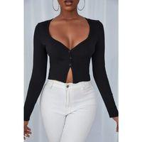 Kadın Siyah Uzun Kollu Düğmeli Göğüs Ve Göbek Dekolteli Crop Top Bluz