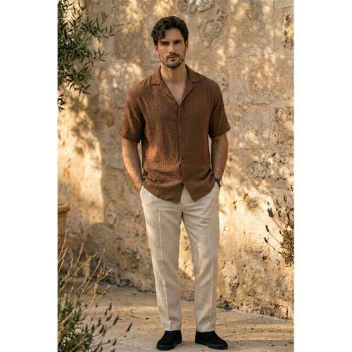 Yarım Oversize Apaş Yaka Kısa Kol Müslin Kumaş Erkek Gömlek - Koyu Kahverengi