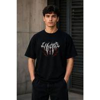 Erkek Gotik Yazı Baskılı Oversize Bisiklet Yaka T-Shirt - Siyah