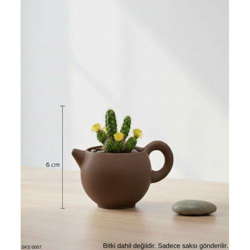 Kahverengi Caydanlik Seklinde Mini Dekoratif Saksi 6 Cm Masa Ustu Ofis Dekoru