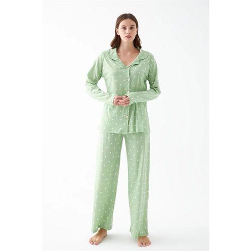Kadın Yeşil Kalp Desenli Düğmeli Pamuklu Pijama Takımı