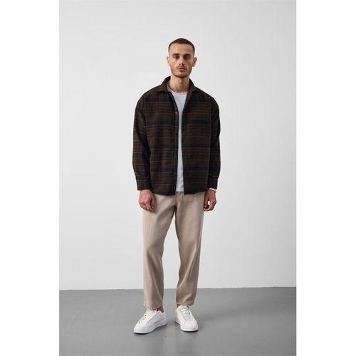 Brandon Relaxed Fit Pamuklu Geniş Çizgili Oduncu Erkek Gömlek - Kahve