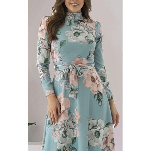 Kadın Uzun Kollu Yuvarlak Yakalı Beli Kuşaklı Desenli Süprem Uzun Elbise