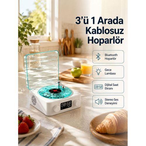Bluetooth Hoparlör – 3-ü-1 Saatli Gece Lambası Ve Vintage Tasarım