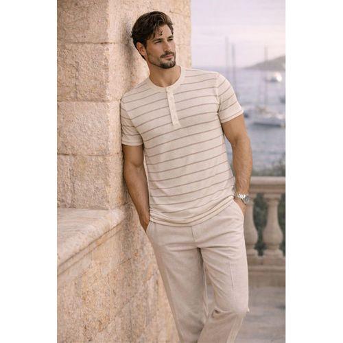 Kristof Pike Kumaş Regular Fit Düğmeli Yaka Kendinden Çizgili T-Shirt - Ekru