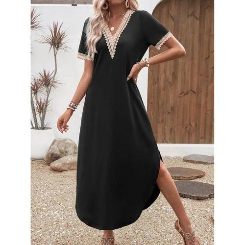 Kadın Kısa Kollu Dantel V Yakalı Uzun Viskon Elbise