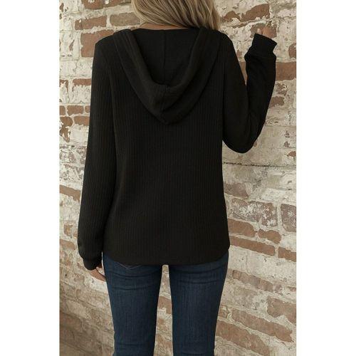 Kadın Uzun Kollu Kapşonlu önü Düğmeli Ve Bağcıklı Waffle Bluz