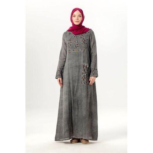 Uzun Kol Sultan Tek Cepli Yazlık Uzun Poplin Elbise Füme Fm