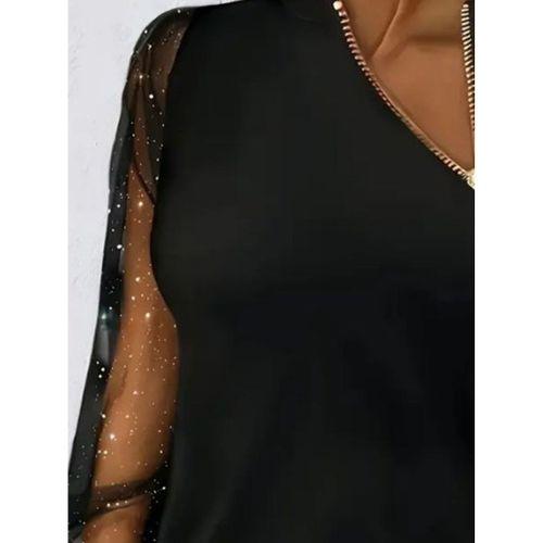 Kadın Uzun Kollu Asimetrik Fermuar Detaylı Viskon Iki Iplik Bluz