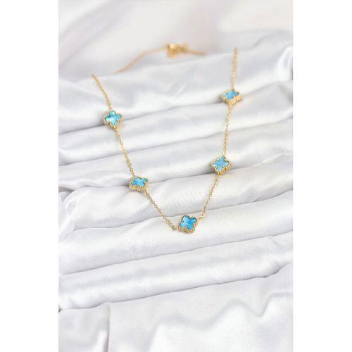 316L Çelik Zincir Gold Renk Buz Mavisi Baby Boy Yonca Kadın Kolye