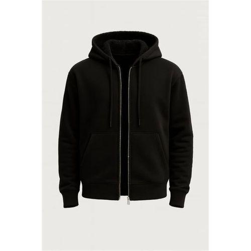 İçi Peluş Üç İplik Kumaş Oversize Fermuarlı Kapüşonlu Sweatshirt- Siyah