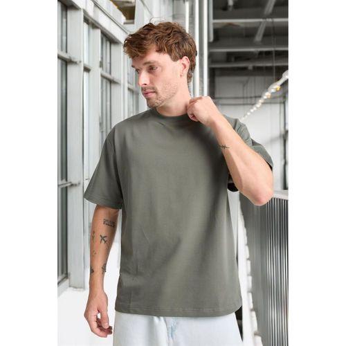İki İplik Kumaş Pamuklu Bisiklet Yaka Basic Oversize Erkek T-Shirt - Avcı Yeşili