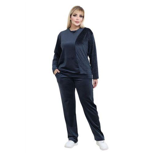 Melsay Butik Parlak Kadife Antrasit Yarım Garni Taşlı Kadın Eşofman Takımı