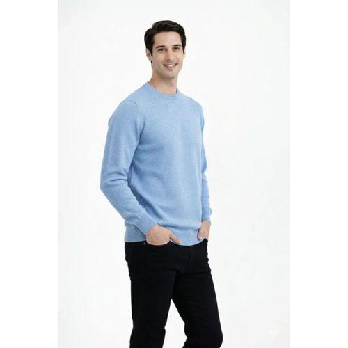 Erkek Bisiklet Yaka Triko Kazak Yumuşak Dokulu Pamuklu Ince Dokuma, Uzun Kollu Rahat Regular Kalıp - Açık Mavi