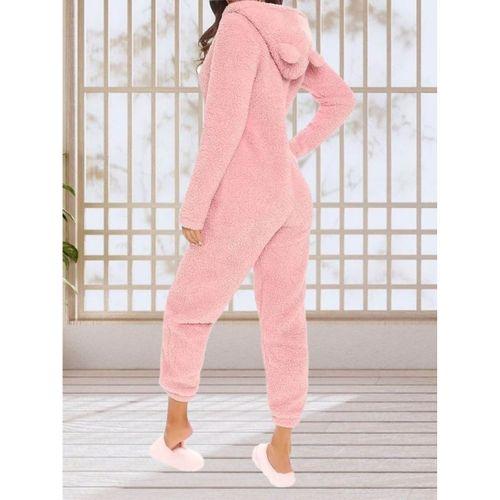 Kadın Uzun Kollu Kapüşonlu Tavşan Kulak Detaylı Peluş Tulum
