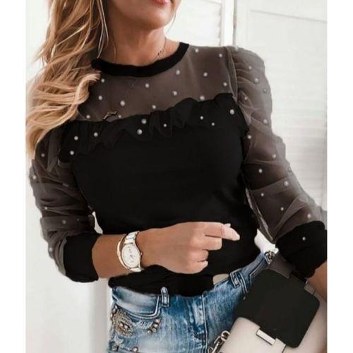 Kadın Uzun Kollu Inci Detaylı Tüllü Viskon Bluz