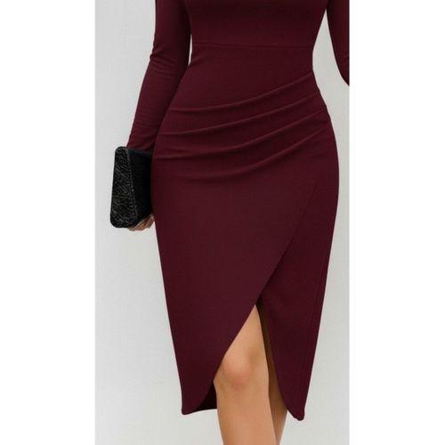 Kadın Uzun Kollu Kalp Yaka önden çapraz Detaylı Midi Ithal Krep Elbise