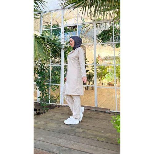 Çıtçıtlı Kapşonlu Uzun Tunik Pantolon İkili Tesettür Eşofman Takımı - 03078.027 - Ekru