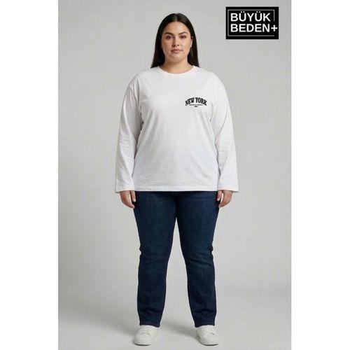 Kadın Büyük Beden New York Baskılı 2 İplik Bisiklet Yaka Tişört SPR26BTSK942-5