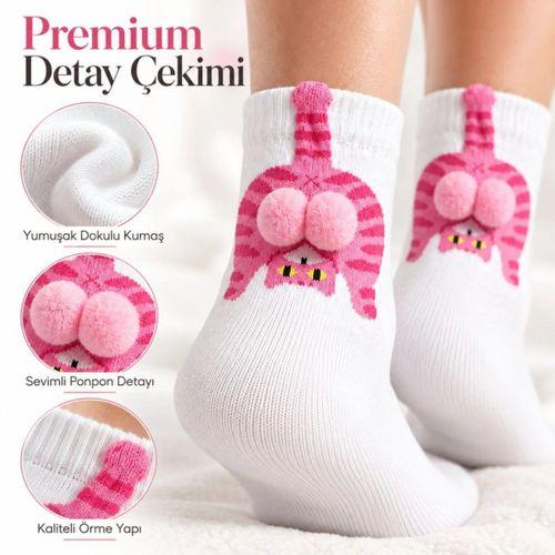 Kadın Soket Çorap Seti - Beyaz Pembe Kedi Desenli Ponponlu, 3'lü Paket