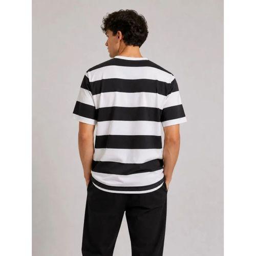 Erkek Çizgili Oversize Tişört Bisiklet Yaka Kısa Kol Yazlık T-Shirt - Siyah