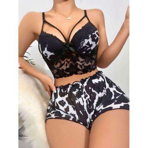 Kadın Siyah Leopar Desenli Dantel Detaylı Şortlu Gecelik Pijama Takımı Şık 2’li Set