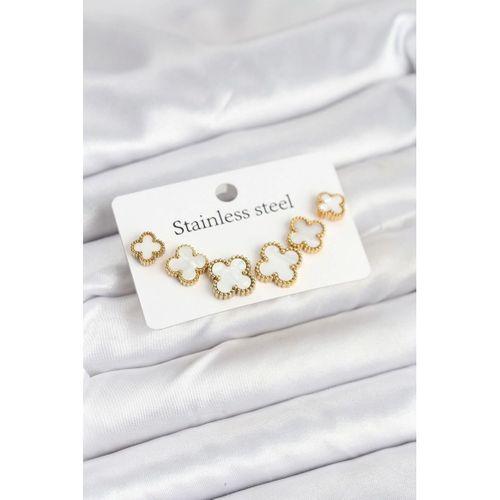 316L Çelik Gold Beyaz Renk 3 Boy Yonca Küpe Seti