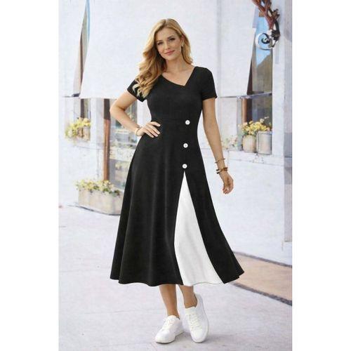 Kadın Kısa Kollu Asimetrik Yakalı Düğme Detaylı Midi Viskon Elbise