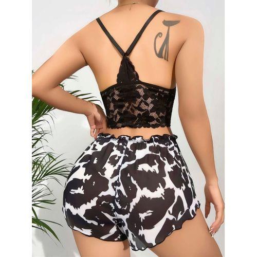 Kadın Siyah Leopar Desenli Dantel Detaylı Şortlu Gecelik Pijama Takımı Şık 2’li Set