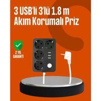 Akım Korumalı 3 Usb Portlu 4’lü Priz 4.1a Hızlı Şarj