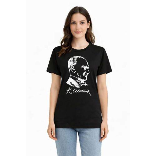 Atatürk Baskılı Tişört Kısa Kollu Bisiklet Yaka T-Shirt - Siyah