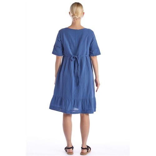 Kısa Kol İndigo Kare Yaka Cep Detaylı Midi Boy Müslin Yazlık Elbise